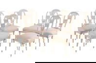 SIX PAINTED CHAIRS ATTRIBUTED TO JANSEN C 1950 HAVING CARVED BACKS AND UPHOLSTERY. THIS MODEL WAS