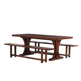 FRENCH ELM FARM TABLE WITH MATCHING BENCHES C 1950. THE BASE HAVING A DOWNSWEPT DESIGN WITH