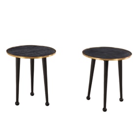 PAIR DARK CERUSED OAK DRINKS TABLES WITH BRASS BAND.