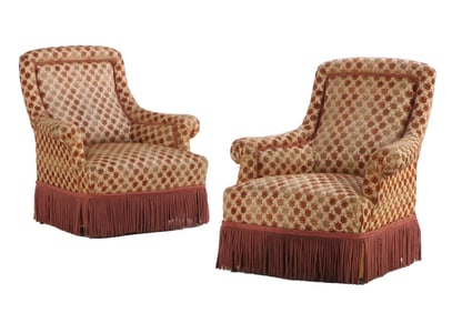 PAIR FRENCH NAPOLEON III LIBRARY CHAIRS HAVING EBONIZED TURNED FEET C 1860.