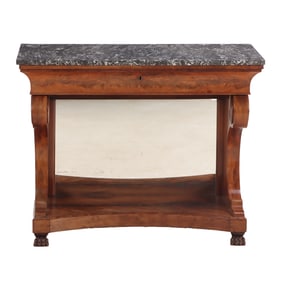 FRENCH SCROLL FORM CROTCH MAHOGANY MARBLE TOP CONSOLE TABLE HAVING A SINGLE DRAWER C 1860.