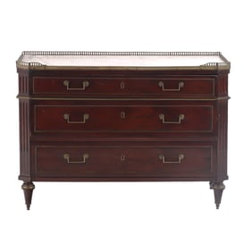 FRENCH NINETEENTH CENTURY MAHOGANY MARBLE TOP BRONZE MOUNTED COMMODE IN THE LOUIS XVI STYLE.