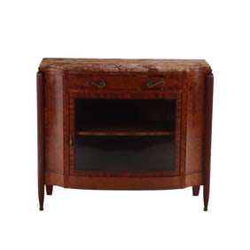 FRENCH ART DECO BURL WALNUT MARBLE TOP SERVER HAVING A CURVED AND BEVELED GLASS DOOR