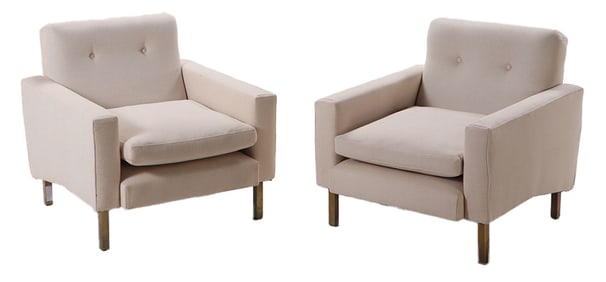 PAIR UPHOLSTERED LOUNGE CHAIRS RESTING ON BRASS FEET WITH NEW FABRIC C 1960