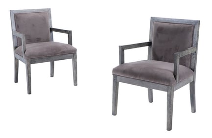 A PAIR OF OPEN ARM CHAIRS COVERED IN SHARK SKIN COLORED PARCHMENT