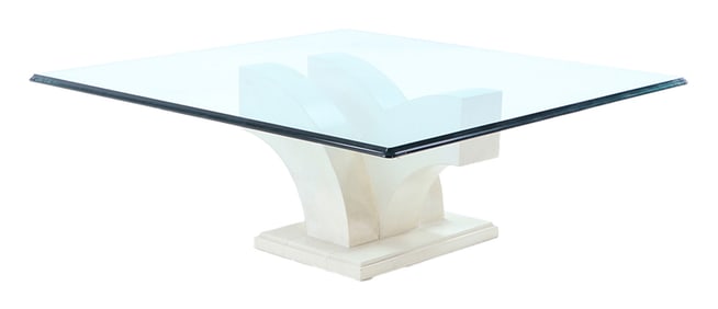 PARCHMENT COVERED WOOD AND GLASS COFFEE TABLE.
