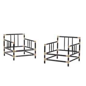 PAIR FAUX BAMBOO WOOD AND BRASS ARM CHAIRS IN THE MANNER OF BILLY HAINES C 1970.