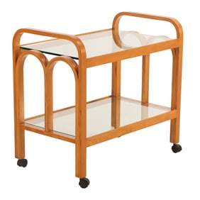 BENTWOOD AND GLASS BAR CART C 1960 IN THE MANNER OF ALVAR ALTO.