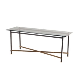 BRASS AND PATINATED IRON SOFA TABLE HAVING A SMOKED GLASS TOP AND X FORM STRETCHER C 1965.