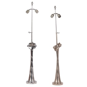 UNUSUAL PAIR OF NICKELED BRONZE TABLE LAMPS C 1970 IN THE FORM OF A TIFFANY JACK IN THE PULPIT VASE.