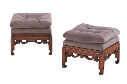 PAIR CARVED MAHOGANY ASIAN STYLE BENCHES C 1950 WITH NEW FABRIC.