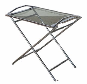 A MID CENTURY MODERN FAUX BAMBOO POLISHED CHROME BAR CART WITH SMOKED GLASS SERVING TRAY C. 1970