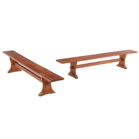 LARGE PAIR OF SOLID MAHOGANY BENCHES WITH MORTIS AND TENON DESIGN
