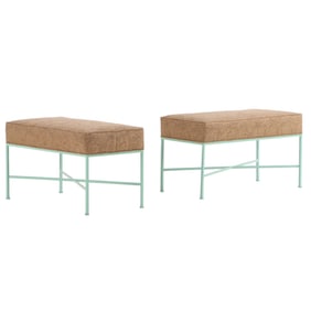 PAIR OF PAINTED IRON AND UPHOLSTERED BENCHES IN THE MANNER OF PAUL MCCOBB HAVING NEW FABRIC,