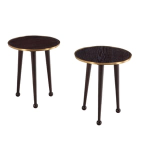 PAIR OF DARK CERUSED OAK AND BRASS END TABLES WITH BALL FEET IN THE MANNER OF JEAN ROYERE.