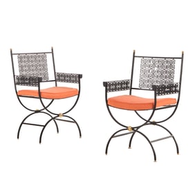 PAIR PAINTED IRON AND BRASS CERULE FORM CHAIRS HAVING GREEK KEY MOTIF IN THE MANNER OF JANSEN.