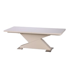 WHITE LACQUERED WOOD MODERN DINING ROOM TABLE HAVING TWO LEAVES ON ZIG ZAG BASE.