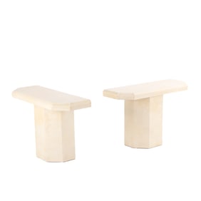 PAIR PARCHMENT COVERED ART DECO STYLE CONSOLE TABLES HAVING ROUNDED EDGE TOPS WITH CANTED