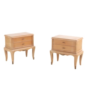 PAIR FRENCH CERUSED OAK NIGHT STANDS IN THE MANNER OF ANDRE ARBUS C 1950.
