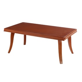 FRENCH MAHOGANY DINING TABLE C 1950 HAVING PULL OUT ENDS TO SUPPORT LEAVES. (NOT PRESENT)