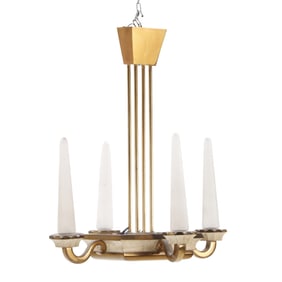 FRENCH FOUR ARM BRASS CHANDELIER HAVING TWISTED GLASS CANDLES AND CUT GLASS BOTTOM C 1950.
