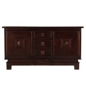FRENCH OAK SIDEBOARD HAVING COPPER PLATED BRONZE HARDWARE AND A GEOMETRIC DESIGN C 1940.