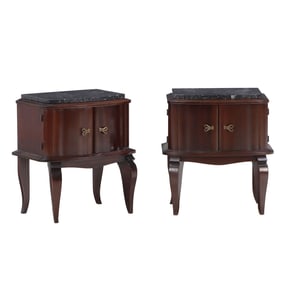 PAIR FRENCH MAHOGANY MARBLE TOP NIGHT STANDS C 1950 IN THE MANNER OF ANDRE ARBUS.