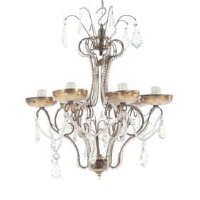 BRONZE SIX ARM CRYSTAL CHANDELIER WITH PRISMS  C 1945