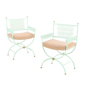 PAIR PAINTED IRON AND BRASS CERULE FORM ARM CHAIRS HAVING CONCENTRIC OVAL DESIGN AND UPHOLSTERED