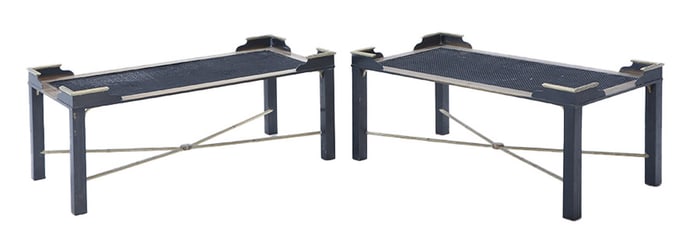 PAIR OF TWO TONE BRASS AND MESH COFFEE TABLES WITH X STRETCHER IN THE MANNER OF JANSEN C 1960.