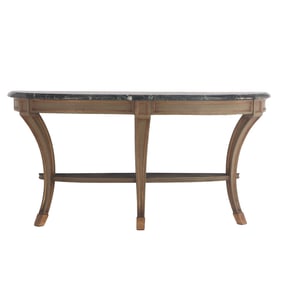 PAINTED AND GILTWOOD MARBLE TOP CONSOLE TABLE IN THE MANNER OF JANSEN HAVING THREE LEGS C 1940.
