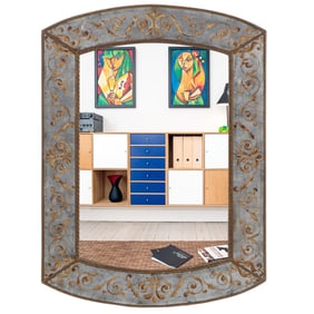ARCHED TOP EGLOMISE DECORATED MIRROR ATTRIBUTED TO JANSEN C 1950.