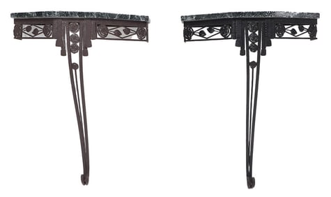 PAIR OF PAINTED IRON MARBLE TOP ART DECO CONSOLE TABLES C 1930.