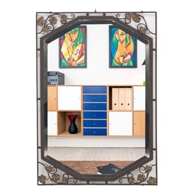 FRENCH ART DECO HAND HAMMERED IRON MIRROR WITH LEAF DESIGN C 1940.