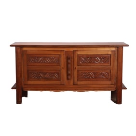FRENCH ART DECO TWO DOOR SIDEBOARD HAVING FRUIT CARVING IN RELIEF C 1940.