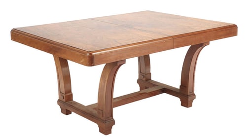 AN ART DECO ROSEWOOD DINING TABLE HAVING HIGHLY FIGURED  TOP RESTING ON FLARED LEGS CIRCA 1930