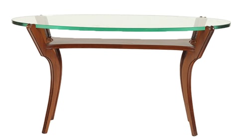 A MAHOGANY AND GLASS COFFEE TABLE BY BONTA C 1950.