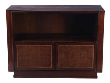 TWO DOOR MAHOGANY OPEN SERVER WITH CANE PANELS C 1950.