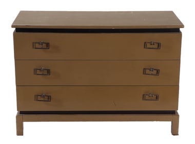 OLIVE PAINTED DRESSER WITH BRASS HARDWARE IN THE MANNER OF JAMES MONT C 1960.