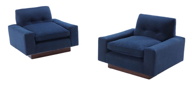 PAIR UPHOLSTERED FLOATING LOUNGE CHAIRS C 1960 HAVING NEW FABRIC.