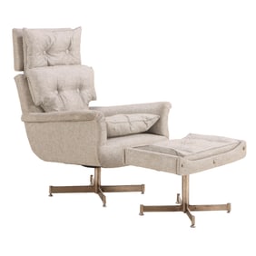 UPHOLSTERED LOUNGE CHAIR AND MATCHING STOOL ON CHROME BASE C 1970 WITH NEW FABRIC.