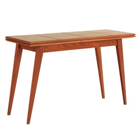 FLIP TOP CONSOLE TABLE HAVING A SEGMENTED PARCHMENT TOP IN THE MANNER OF PARZINGER C 1950.