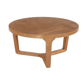 ROUND  PARCHMENT COVERED COFFEE TABLE.