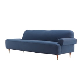 ASYMMETRIC UPHOLSTERED SOFA C 1950 HAVING NEW FABRIC AND WOOD FEET.