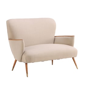 UPHOLSTERED SETTEE WITH WOOD ARM RESTS C 1950 HAVING NEW FABRIC