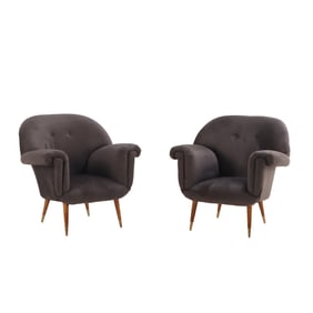 PAIR OF ITALIAN UPHOLSTERED LOUNGE CHAIRS C 1950 WITH NEW FABRIC.