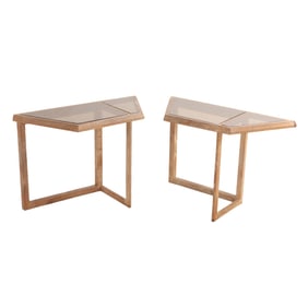 UNUSUAL PAIR OF OAK CONSOLE TABLES WITH TINTED GLASS THAT CAN BE JOINED TOGETHER TO FORM A