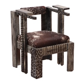 MEMPHIS STYLE PAINTED WOOD CHAIR UPHOLSTERED IN COW HIDE