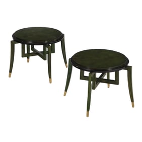UNUSUAL PAIR OF ROUND OLIVE WOOD END TABLES HAVING A SLIGHT GREEN TINT WITH EBONIZED TRIM.