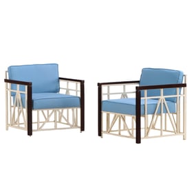 PAIR OF PAINTED IRON, MAHOGANY AND UPHOLSTERED ARM CHAIRS WITH NEW FABRIC.